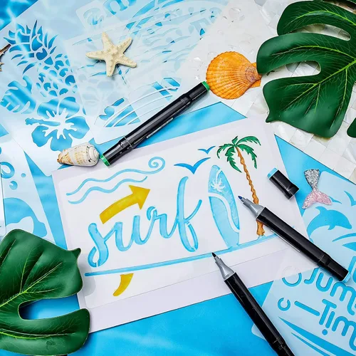 Miniatura 4 de Outus 20 plantillas de playa de verano, plantillas de playa reutilizables, pintura sobre madera, vida oceánica hawaiana para dibujar bricolaje