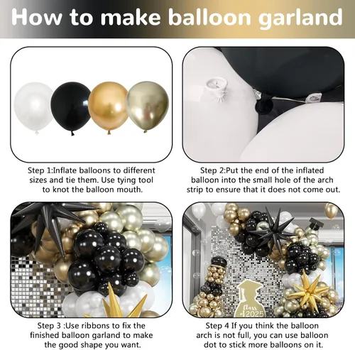 Miniatura 7 de Kit de arco de guirnalda de globos de Año Nuevo, globos de estrella de explosión negros y dorados, globos de estrella de explosión negra perla