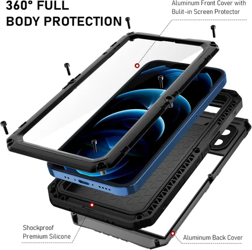 Miniatura 6 de Beasyjoy Funda impermeable para iPhone 12 Pro Max, cubierta protectora de cuerpo completo con protector de pantalla incorporado, resistente a Negro