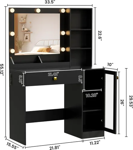 Miniatura 8 de Thacuok Tocador de maquillaje negro con espejo y luces, tocador de 34 pulgadas de ancho con estación de carga y gabinete de vidrio RGB, pequeño