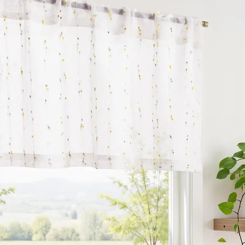 Miniatura 25 de jinchan Cortinas de cenefa para ventanas de 16 pulgadas, coloridos mini pompones, cenefa de cocina de granja, cenefa de gasa semitransparente