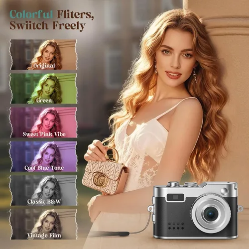 Miniatura 6 de HOTU Mini cámara digital, llavero 1080P HD con lente de 2MP, flash, grabación de video, tarjeta 32G incluida, cámara retro portátil y compacta