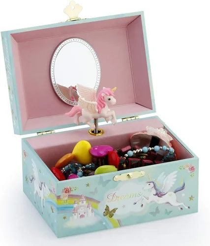 Miniatura 3 de RR ROUND RICH DESIGN Caja de almacenamiento de joyas musicales con purpurina y juego de joyas para niñas pequeñas con unicornio giratorio y arco