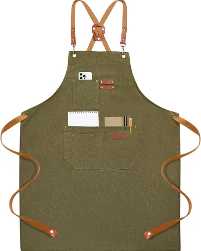 Miniatura 9 de Delantales de chef para hombres y mujeres con 4 bolsillos grandes, lona de algodón con espalda cruzada, delantal ajustable para trabajo, parrilla