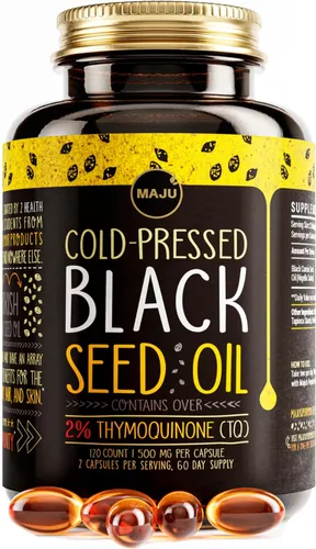 Maju Superfoods Cápsulas de aceite de semilla negra, fuerte prensado en frío, 2% timoquinona, 100% aceite de semilla de comino negro turco, Nigella