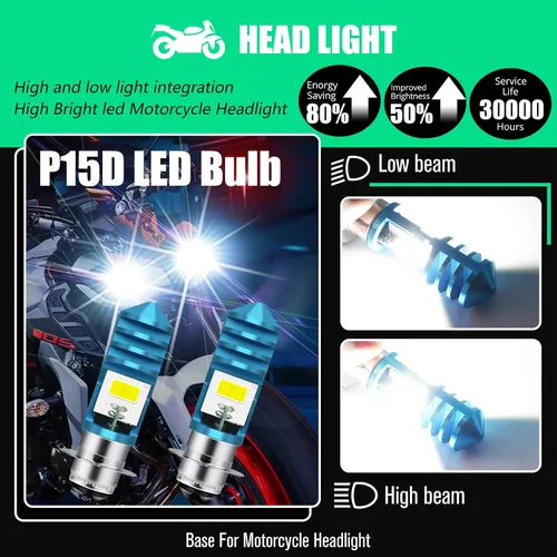 Miniatura 2 de 2 piezas 9-48V Bombillas LED para ATV Blancas, 1800LM Haz Alto-Bajo 4COBs H6M P15D Bombillas LED para Motocicleta, Yamaha, ATVS YFM350 450 400 660