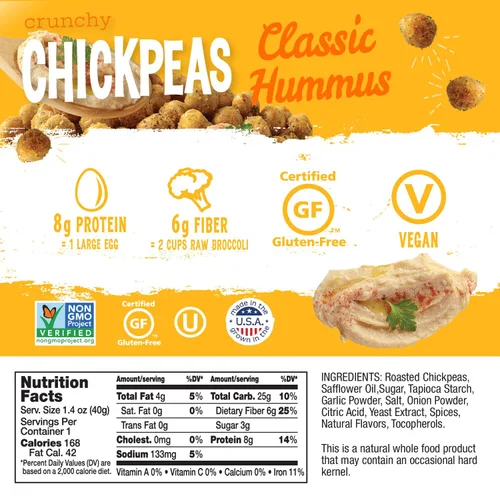 Miniatura 2 de The Good Bean Garbanzos crujientes - Hummus clásico - Paquete de 1.4 onzas - Granos de garbanzos tostados - Snack vegano con buena fuente