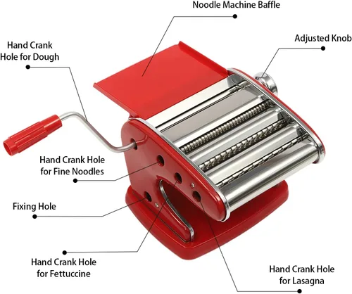 Miniatura 3 de Máquina para hacer pasta, hecho en casa de acero inoxidable manual con 6 ajustes de grosor ajustables, cortador de fideos resistente para Rojo