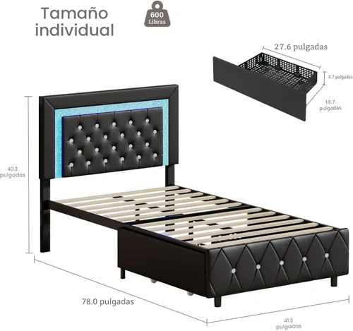Miniatura 2 de BarnFurin Marcos de Cama Individual con Luces LED y Cajones de Almacenamiento, Marco de Cama Tapizado con Cabecera de Diamante, Cama de Plataforma