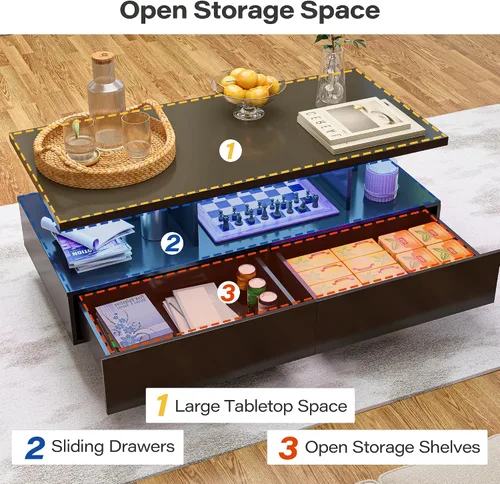 Miniatura 8 de LAUSAINT HOME Mesa auxiliar LED con almacenamiento, moderna mesa de centro iluminada de 2 niveles con aplicación y control remoto, más de 60,000
