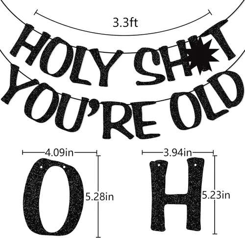 Miniatura 2 de Cartel de Holy You're Old con purpurina negra para 30, 40, 50, 60, 70, 80, 90, divertido cartel de cumpleaños, banderines, decoración de fiesta