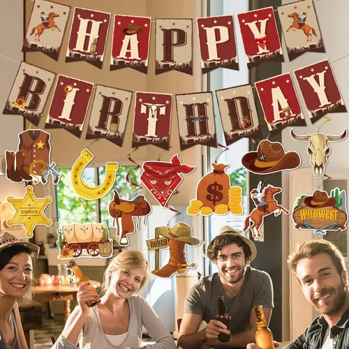 Miniatura 5 de Decoraciones de fiesta de cumpleaños de vaquero occidental, 29 piezas de decoración de fiesta temática de vaquero, remolinos colgantes, serpentinas