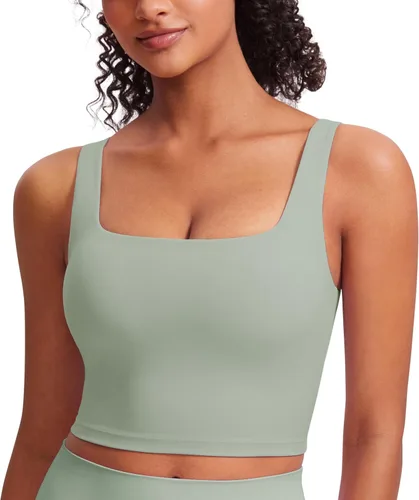 Miniatura 41 de CRZ YOGA Butterluxe Brasier deportivo de cuello cuadrado para mujer, estilo camiseta corta sin mangas, acolchado con soporte integrado para yoga
