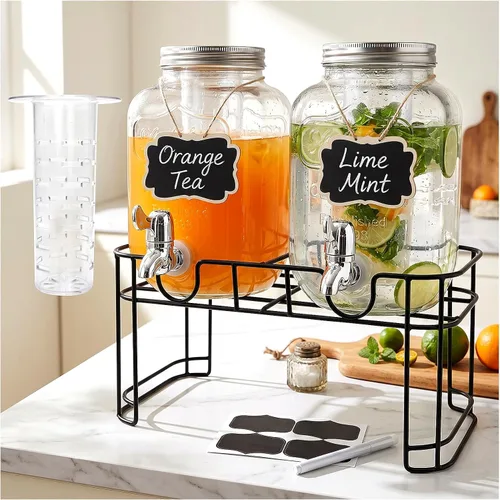 Miniatura 10 de Accguan Dispensador de bebidas de 1 galón, dispensador de agua de vidrio con tapa de lata negra y grifo de acero inoxidable negro, marco de hierro