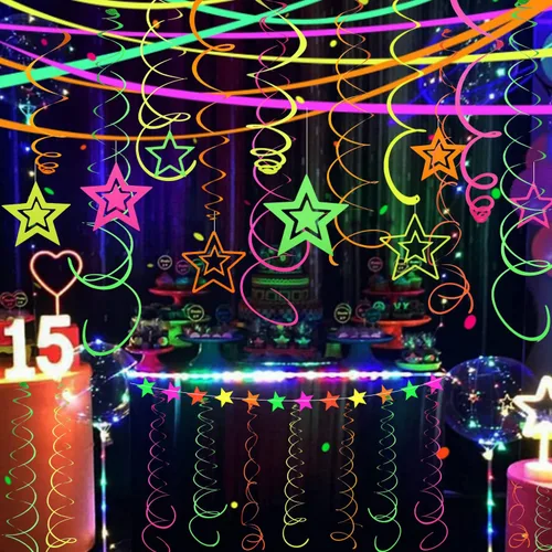 Miniatura 2 de 54 piezas de guirnaldas de papel en espiral colgantes UV con estrellas de neón, serpentinas brillantes, suministros y decoraciones de fiesta UV