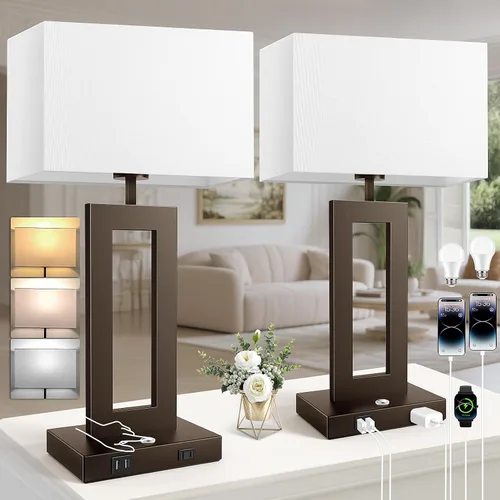 Miniatura 10 de Kondras Juego de 2 lámparas de mesa para dormitorios, 3 temperaturas de color, control táctil, lámparas de noche con 2 puertos USB y salida de CA