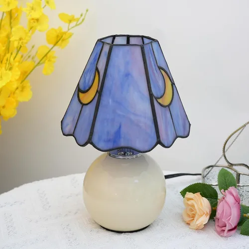 Miniatura 3 de Lámpara de mesa de noche de luna de cristal de cristal, lámpara de mesita de noche estilo Tiffany con bombilla E26, lámpara de acento pequeña rosa