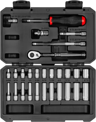 TEKTON Juego de llaves de vaso y trinquete de 6 puntos de 1/4 pulgadas con estuche, 28 piezas (5/32-9/16 pulgadas) | SKT05102