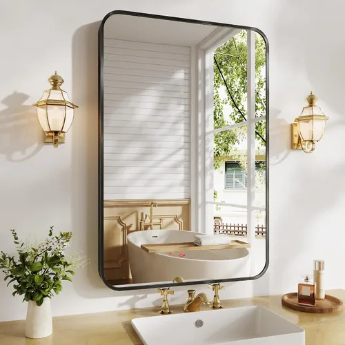 Miniatura 12 de Koonmi Espejo de baño, 30 x 30 pulgadas, espejo con marco de metal negro para baño, vidrio templado, antioxidante, espejo rectangular redondeado