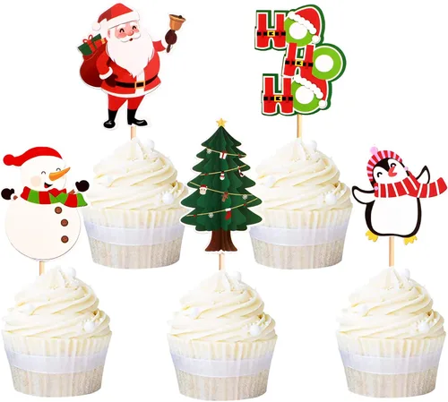 Miniatura 14 de Ercadio Paquete de 25 adornos para cupcakes de Papá Noel y elfo - Sombreros de Papá Noel con purpurina, sombreros de elfo, palillos para cupcakes