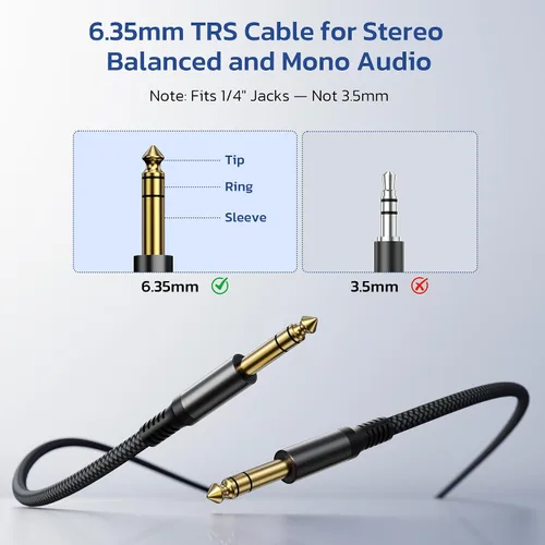 Miniatura 2 de Cable de instrumento TRS de 6.35 mm 3.3 pies 2 paquete, cable de audio estéreo de conector macho de 1/4 pulgada recta, línea de alimentación