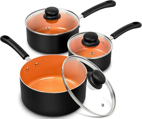MICHELANGELO Cacerola antiadherente con tapa de 1QT, 2QT y 3QT, juego de cacerolas de cerámica, cacerolas de cobre, cacerola no tóxica, juego de