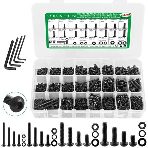 Miniatura 10 de Surtido de 1500 piezas de tornillos, tuercas y arandelas, kit de pernos y tuercas métricos M2 M3 M4 M5 M6 con cabeza hexagonal de casquillo, acero