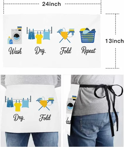 Miniatura 6 de DecorLovee Cartoon Laundry Room Waitress Apron with 3 Pockets, Modern Minimalist Server Aprons Waterproof Kitchen Restaurant Half Waist Apron for