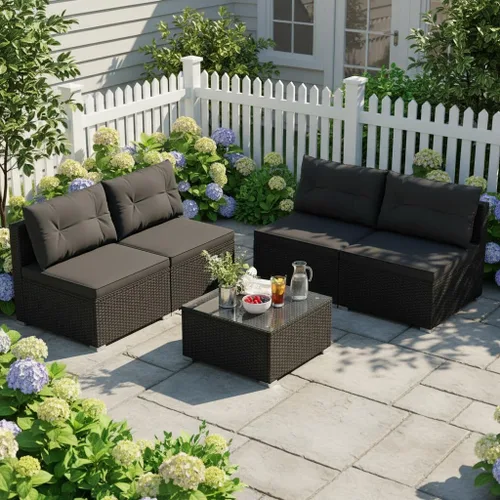 Miniatura 28 de Tangkula Juego de muebles de mimbre de patio de 7 piezas, juego de sofá modular de ratán para 6 personas con cojines de asiento y respaldo, 2 Azul