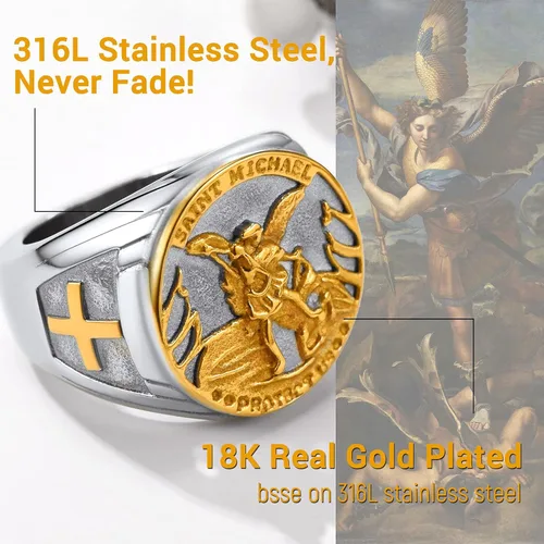 Miniatura 4 de PROSTEEL Anillo de San Miguel, anillo de San Cristóbal, el gran arcángel protector derrotando a Satanás, anillo de amuleto de acero inoxidable