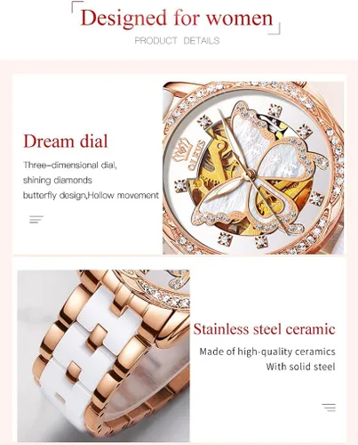Miniatura 5 de OLEVS Relojes automáticos de oro rosa para mujer diseño de esqueleto mecánico de cuerda automática elegante vestido de lujo para mujer con diamantes