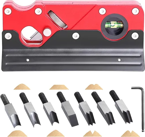 Plano de chaflán de madera con 7 cabezales de corte, herramienta de aplanamiento de esquina de borde de carpintería con localizador auxiliar, Rojo