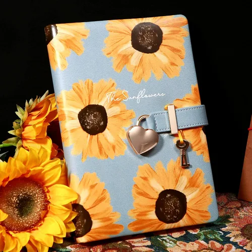 Miniatura 4 de Diario infantil de cuero sintético con candado y llave, agenda de viaje, agenda, cuaderno secreto de notas para mujer, 5.3 x 8.4 pulgadas, girasol