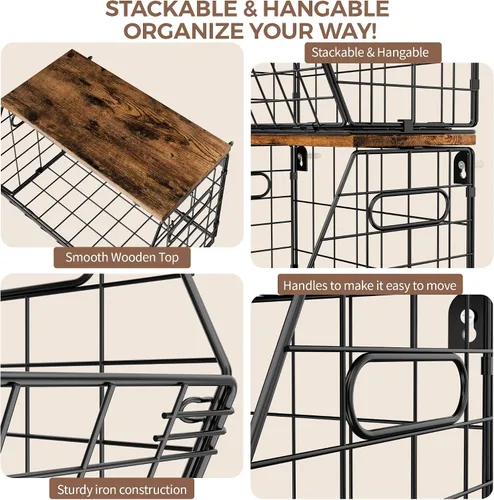 Miniatura 8 de Delamu Cesta de frutas apilable de metal con tapa de madera, paquete de 2, organizador de pared colgante para encimera de cocina, almacenamiento
