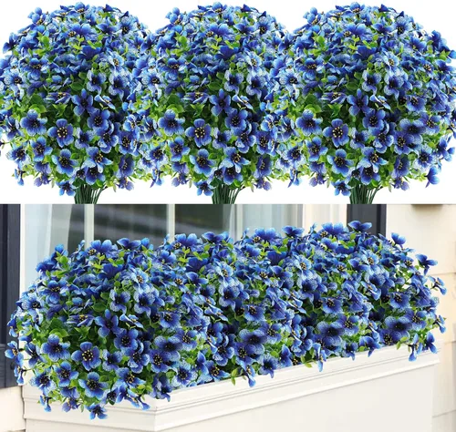 Miniatura 20 de GREENRAIN 6 paquetes de flores artificiales resistentes a los rayos UV, plantas falsas para exteriores, flores de plástico sintético para jardín