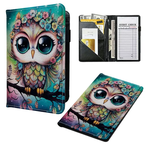 Miniatura 21 de Libros para camarera, cartera de cuero con bolsillo con cremallera, 7 bolsillos de almacenamiento para recetas y cheques, soporte para bolígrafos