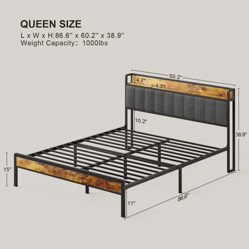 Miniatura 2 de Gizoon Base de cama Queen con cabecera y estribo para dormitorio, cama de plataforma de metal con almacenamiento debajo de la cama, soporte de metal