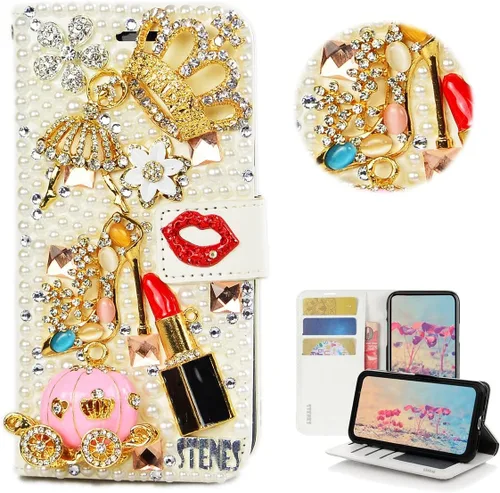 Bling Wallet - Funda para teléfono compatible con Samsung Galaxy Z Fold 3 5G, elegante, hecha a mano, 3D, hecha a mano, ballet, pintalabios, tacón