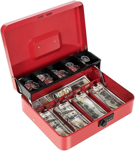 Miniatura 16 de Caja de efectivo con llave de bloqueo y bandeja de dinero, caja de dinero grande para caja registradora, caja de metal para dinero segura de 11.8 x