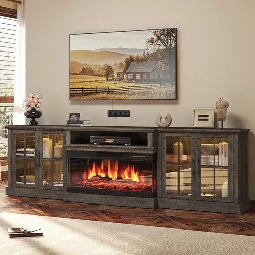 Miniatura 9 de Mueble de TV de estilo granja de 98" con chimenea de 36" para televisores de hasta 100", centro de entretenimiento multimedia con estantes Blanco
