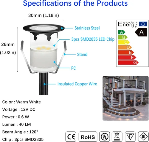 Miniatura 3 de Luces LED para terraza al aire libre con fotocélula blanca cálida Φ1.18 pulgadas, bajo voltaje, 12 V CC, IP67, impermeable, eléctrica, con cable