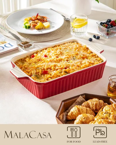 Miniatura 3 de MALACASA Fuente para hornear de 4.4 QT (cuartos de galón), fuente grande de 9x13 para cazuela para horno, molde de cerámica para hornear, molde Rojo