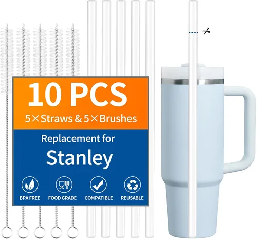 Miniatura 9 de Paquete de 10 popotes de repuesto para Stanley Quencher de 14/20 onzas, paquete de 6 popotes reutilizables de plástico transparente con 4 cepillos
