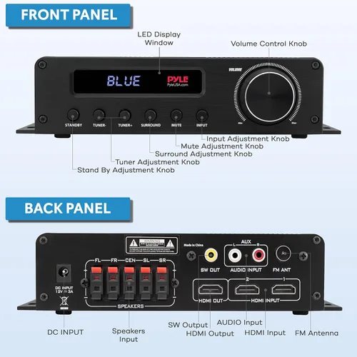 Miniatura 2 de Pyle - Amplificador de audio inalámbrico Bluetooth casero - Receptor estéreo de potencia de 100 W de 5 canales para cine en casa, sonido envolvente
