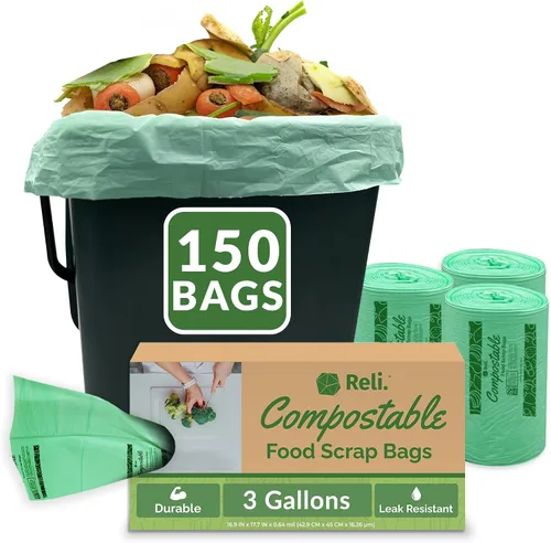 Reli. Bolsas de compostaje de 3 galones (150 unidades) | ASTM D6400 | Bolsas de basura compostables para restos de comida | Pequeños forros de