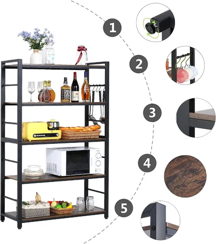 Miniatura 5 de Estante para panaderos de 5 niveles, soporte para horno de microondas con estantes, estante de almacenamiento de utilidad de 5 niveles con 5