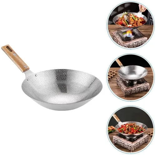 Miniatura 9 de Luxshiny Wok de acero inoxidable de 13.38 pulgadas con mango de madera, sartén de cocina para el hogar para freír vapor y olla caliente utensilios