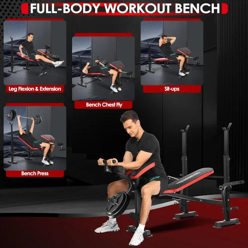 Miniatura 5 de OPPSDECOR Juego de banco de pesas todo en uno de 900 libras con estante para sentadillas, banco de entrenamiento ajustable con desarrollador
