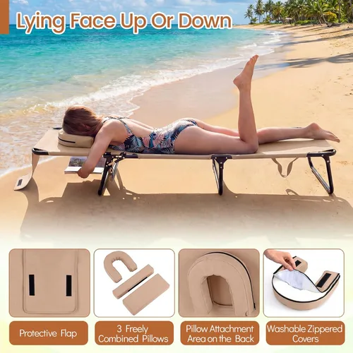 Miniatura 6 de COSTWAY Silla de bronceado con agujero facial, almohadas y respaldo ajustable de 4 posiciones, portátil con bolsa de transporte, tumbona de playa