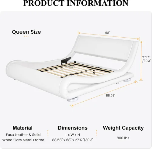 Miniatura 2 de SHA CERLIN - Marco de cama tamaño Queen tapizado, de perfil bajo con diseño de trineo y cabecero ergonómico de piel sintética, sin necesidad